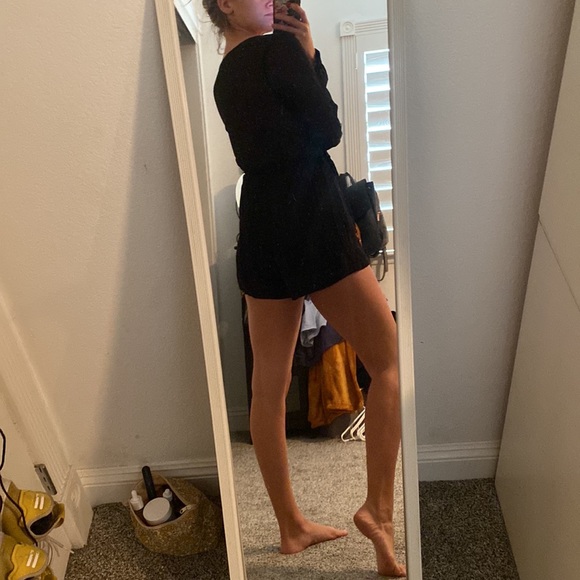 Black Longsleeve Romper with Bow Tie Waist - Picture 2 of 4